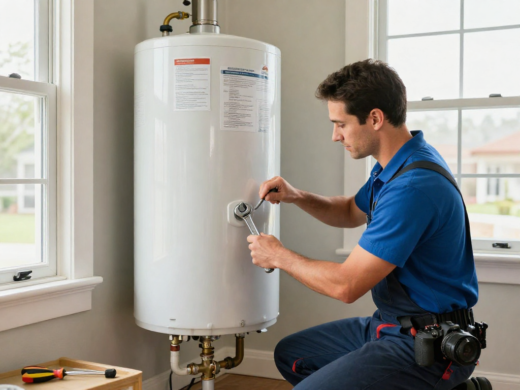 Water heater repair Fort Worth - A professional plumber fixing a water heater in a well-lit home utility room.