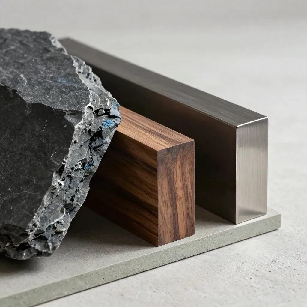 Slate, walnut and metal material samples on pale concrete with moody studio light.