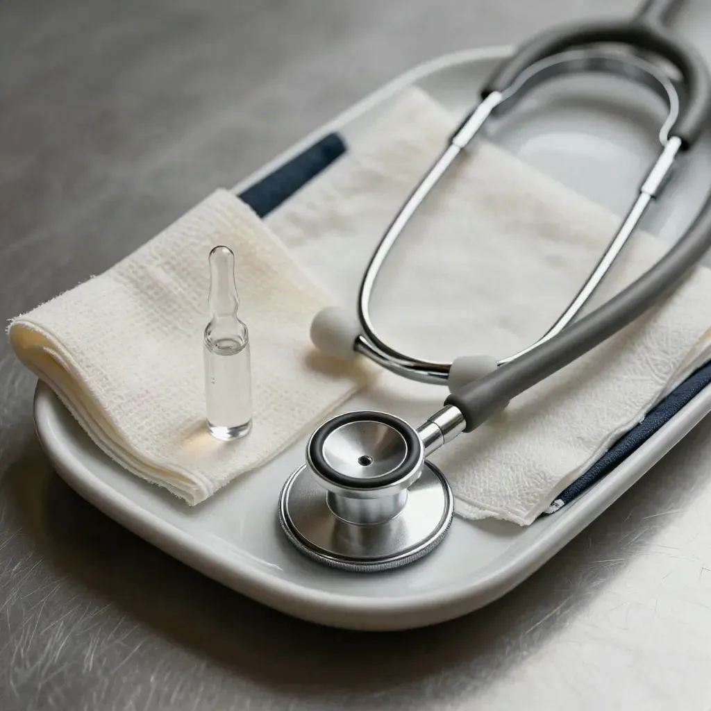 Macro still life of stethoscope, ampoule, gauze and tray on brushed steel.