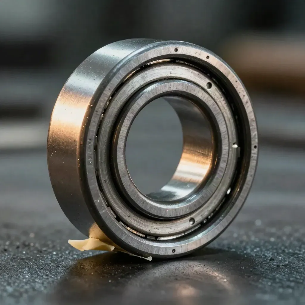 Top-down macro of machined bearing parts on brushed steel with dust and ivory highlights.