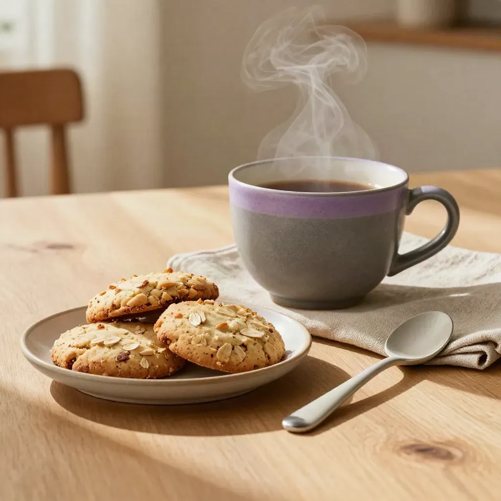 Stone teacup, oat biscuits, linen napkin and ceramic spoon on pale wood with soft steam.