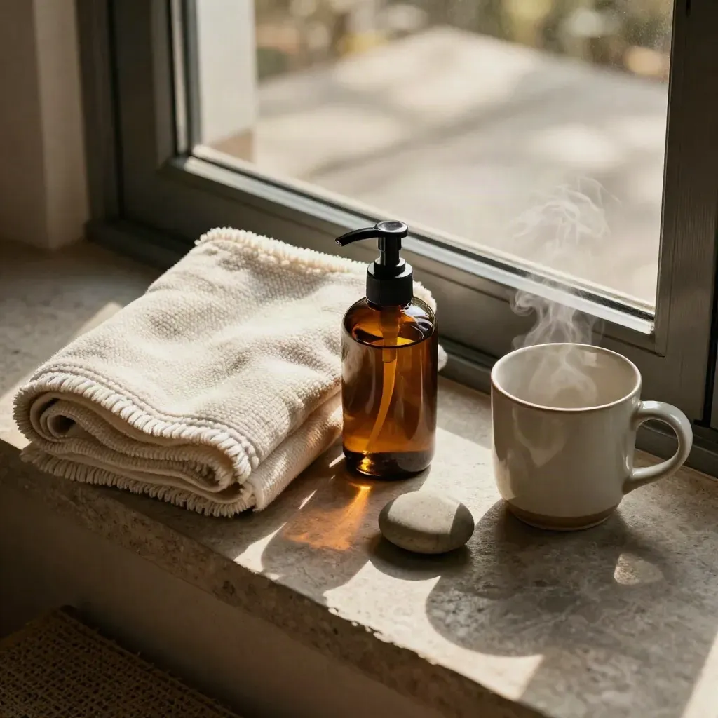 Care kit flatlay with blanket, amber bottle, pebble and steaming mug on stone