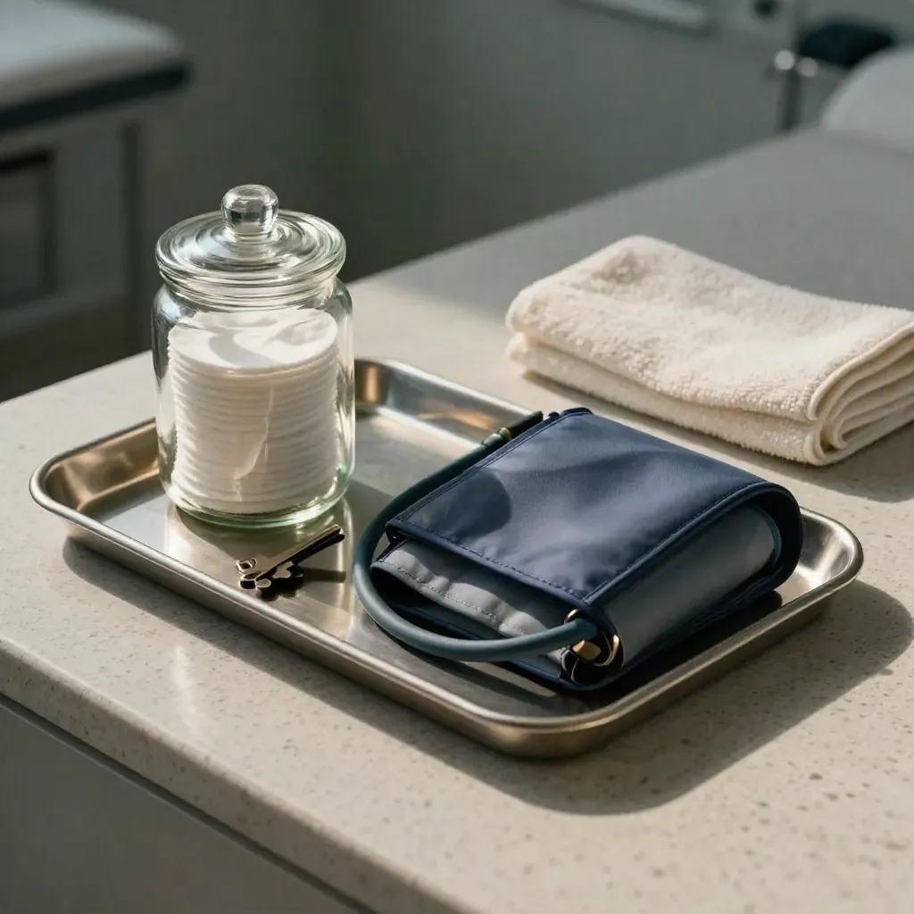 Clinic tray, blood pressure cuff, cotton jar and towel on travertine in dramatic light