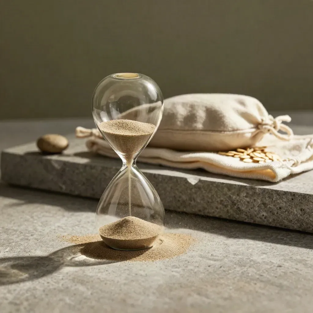 Sand hourglass with linen pouch, pebble and folded cloth on stone, lit by a warm side beam.