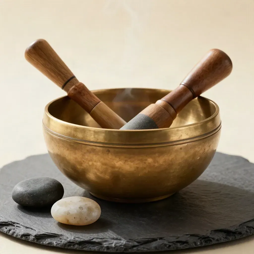 Brass singing bowl with a wooden striker and two river stones on matte slate, shot from above.