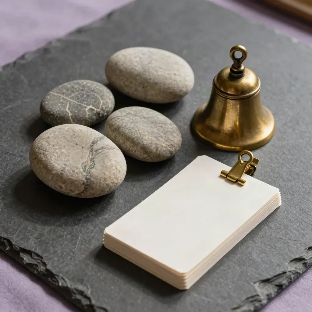 Overhead macro of talking stones, brass bell, and cue cards for a workshop