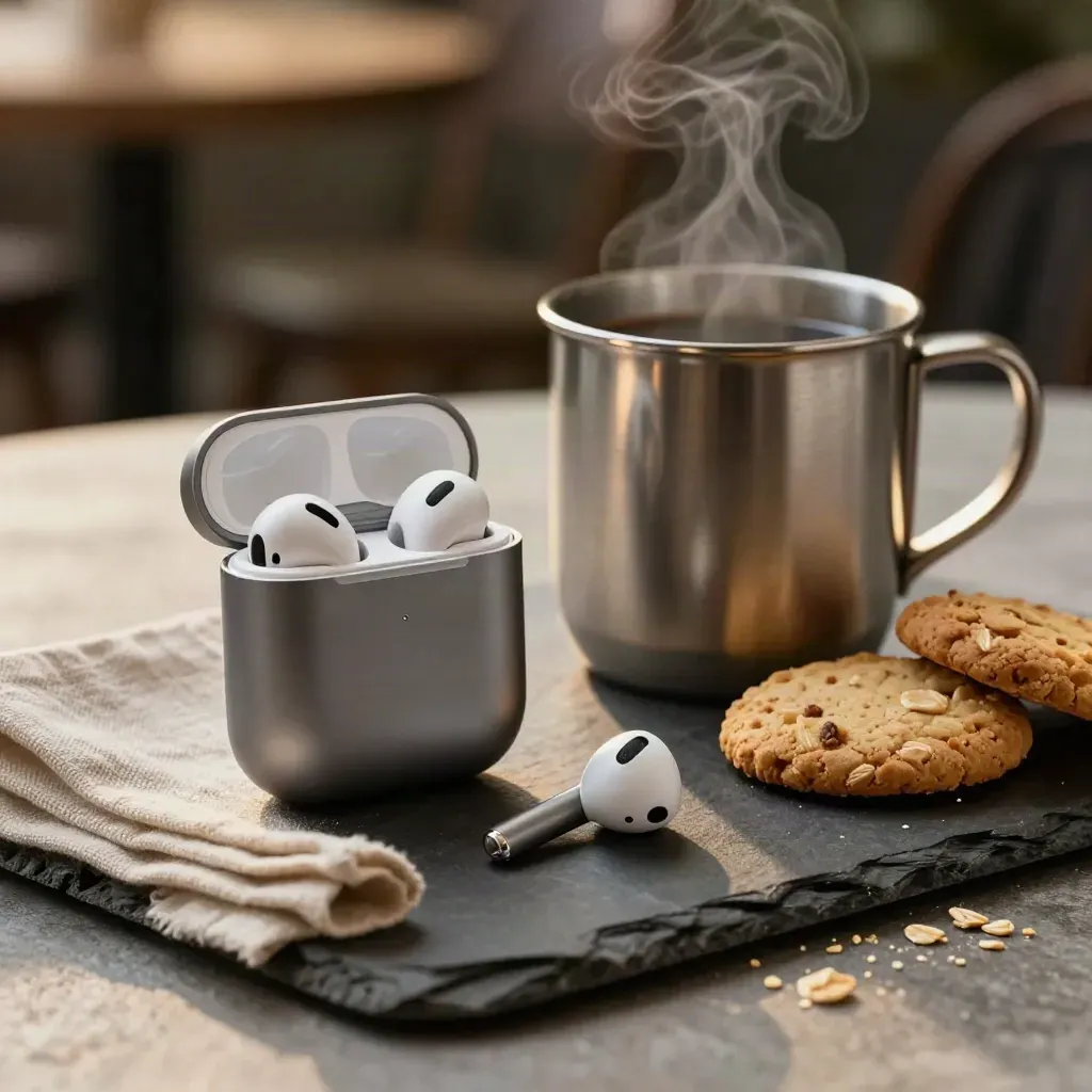 Open earbuds case, steel mug, and biscuits on a slate saucer with warm steam and bokeh