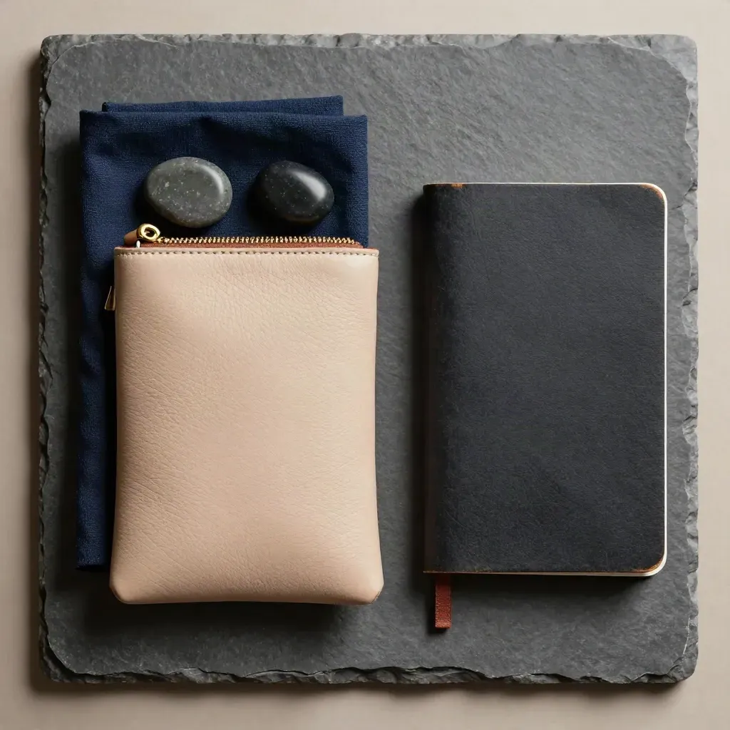 Top-down macro of a leather zip pouch, worry stone, cloth and pocket notebook on graphite stone.