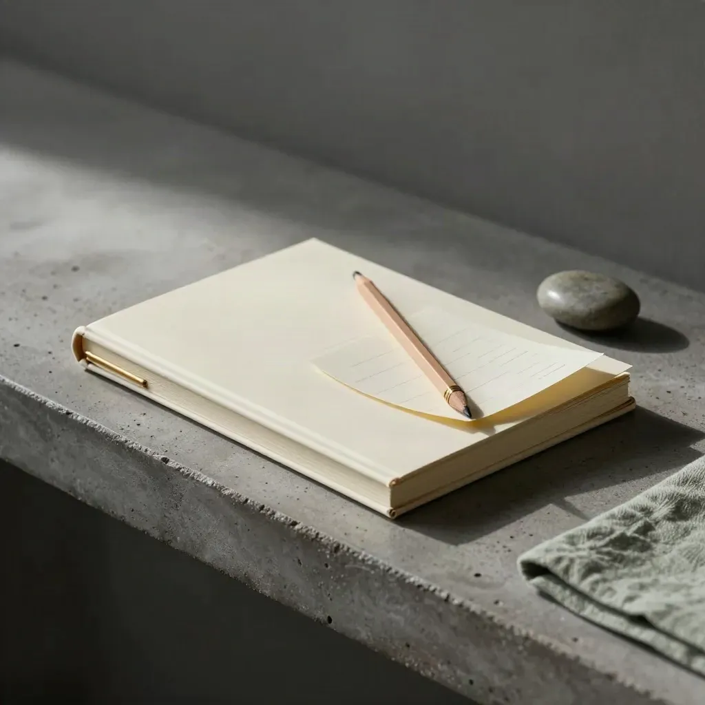 Closed ivory journal, brass bookmark, pencil stub, and stone paperweight on concrete with sage linen
