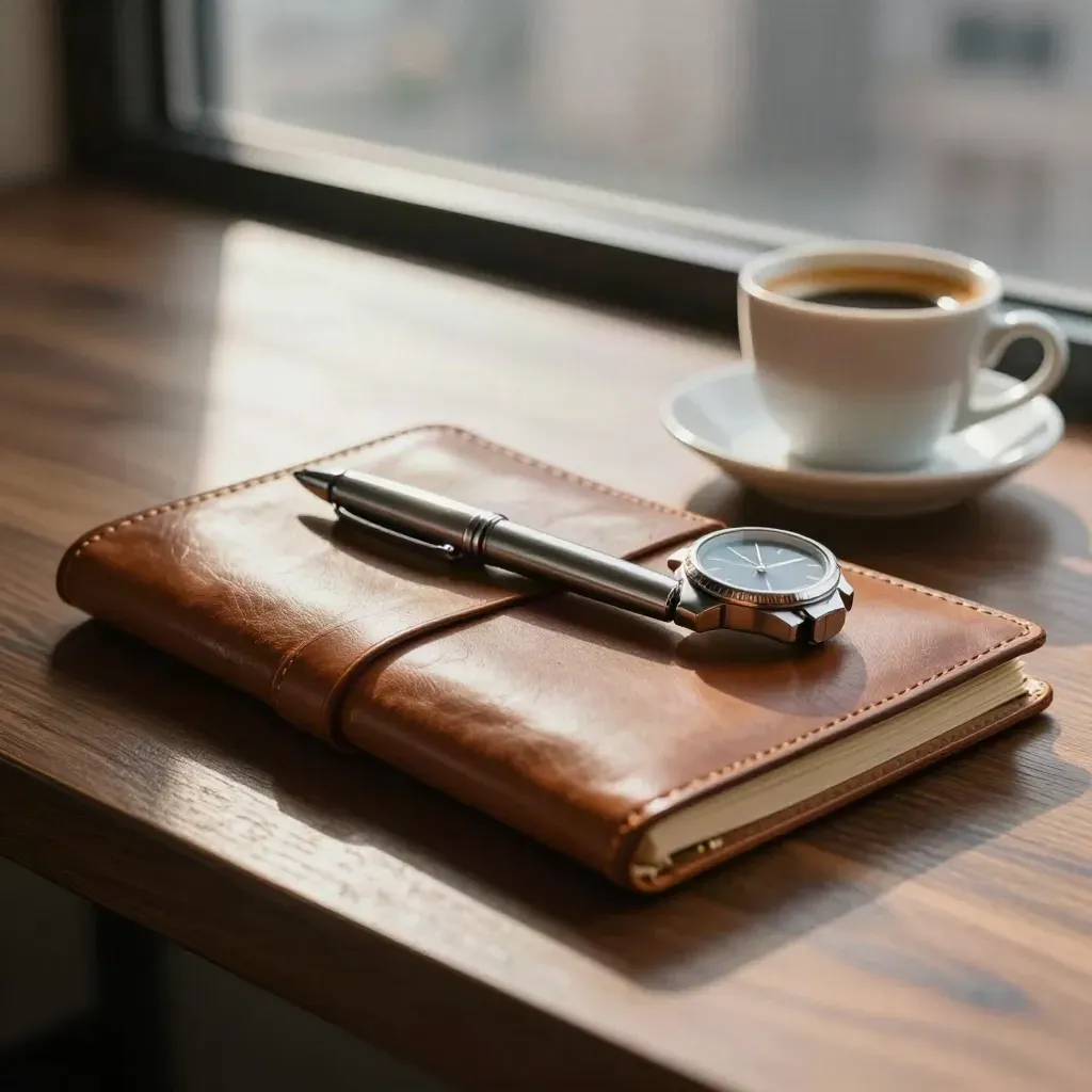 Leather notebook, pen, watch and espresso cup seen through glass on a founder's desk