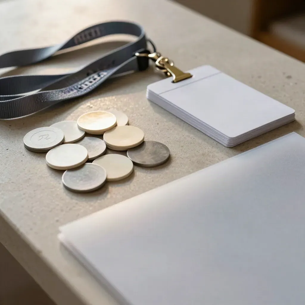 Overhead still life of workshop lanyards, tokens, brass clip and cards through frosted folders.