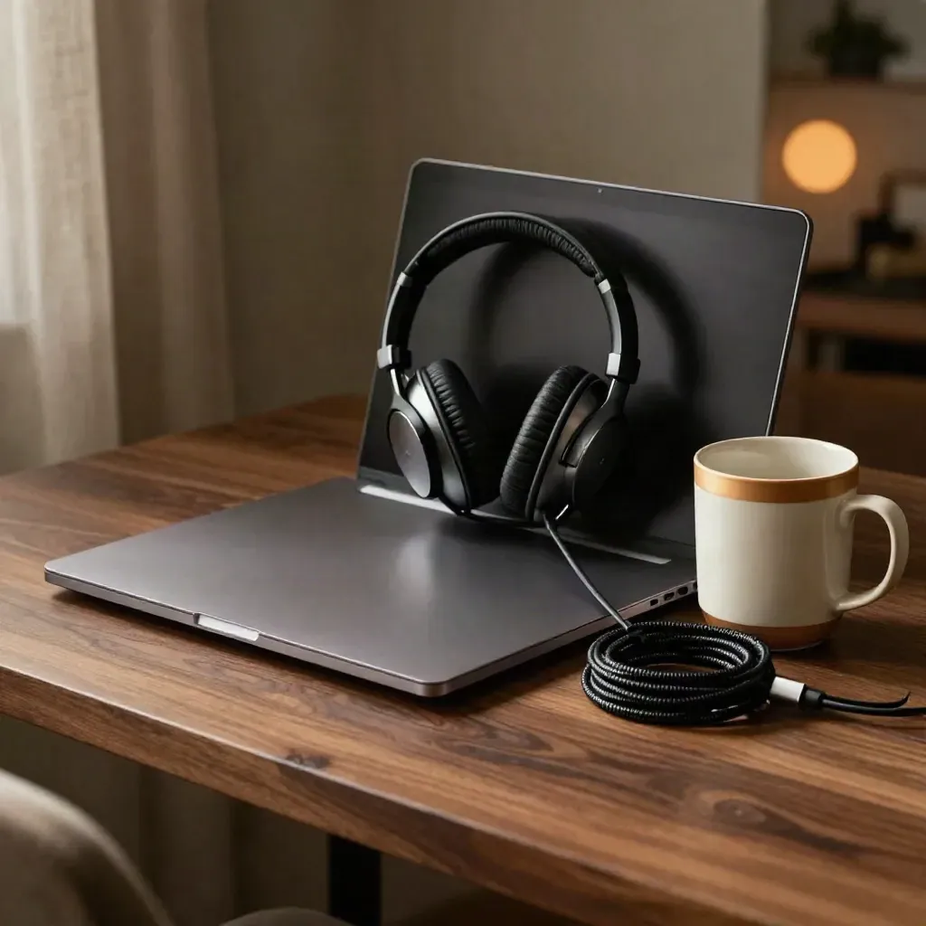 Closed laptop, headphones, cable organiser and travel mug by a curtain-lit desk