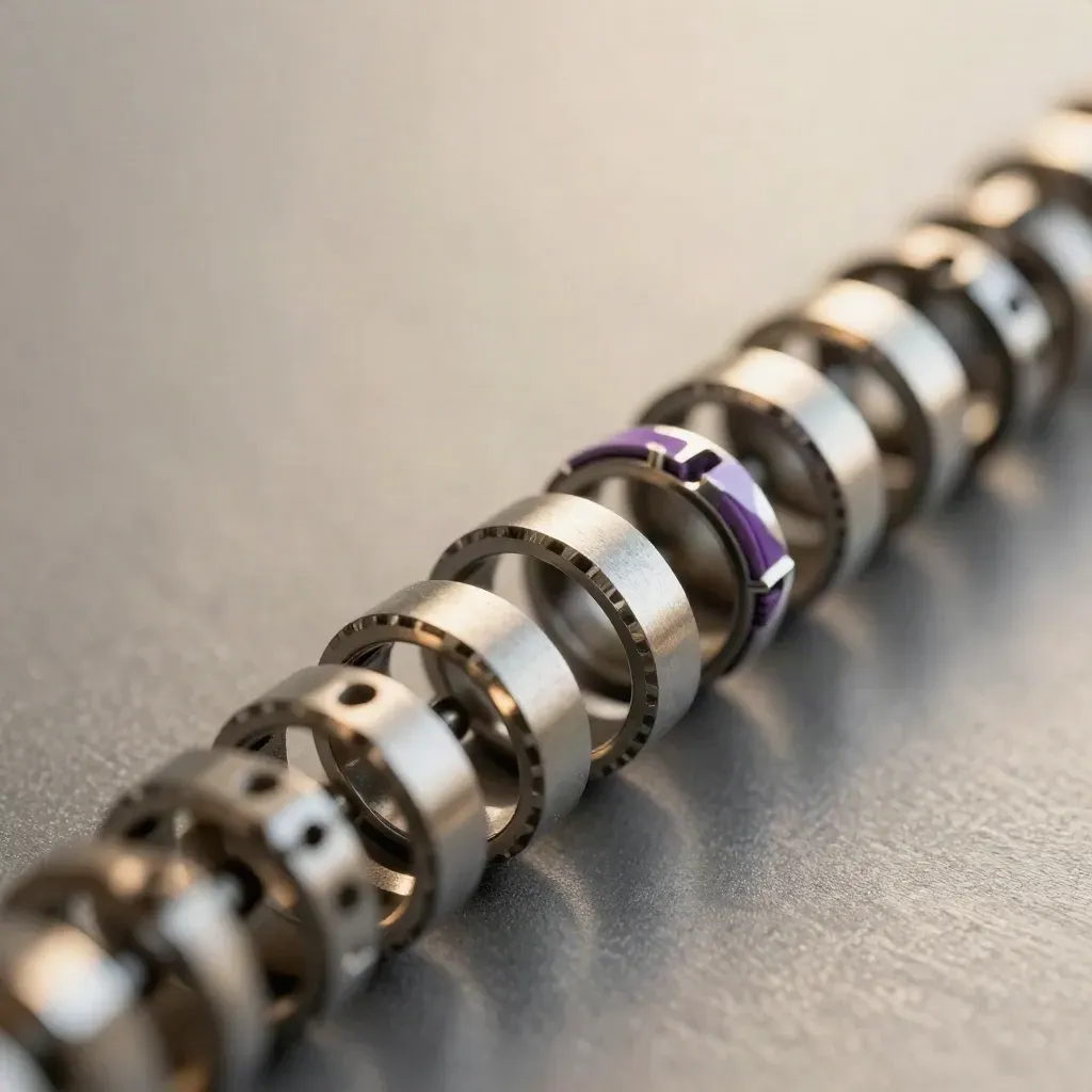 Macro of linked metal rings and blocks on brushed graphite