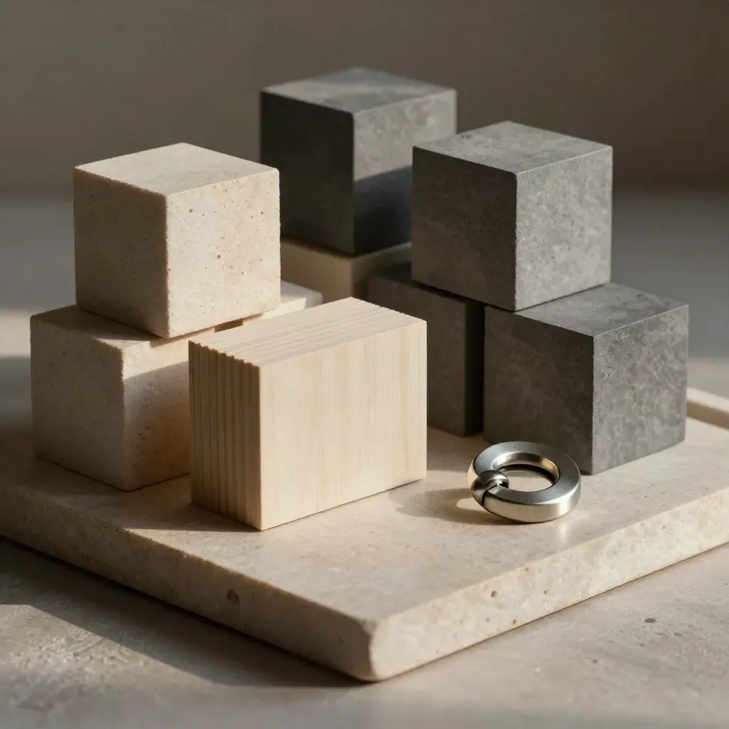 Matte cubes, dovetail joint, metal link and stone tray in a dramatic still life