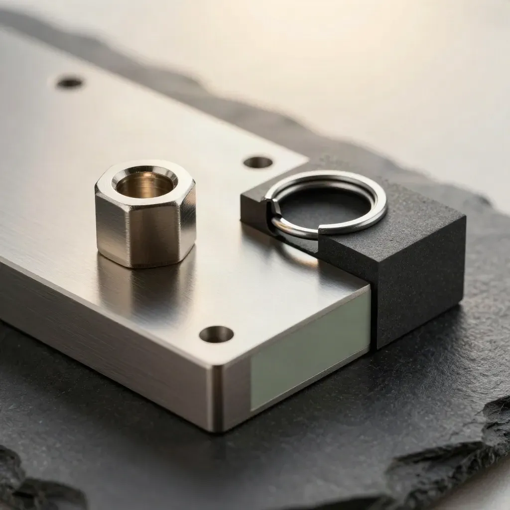 Macro still life of graphite modular plates, a hex spacer, clamp ring, and block on stone.