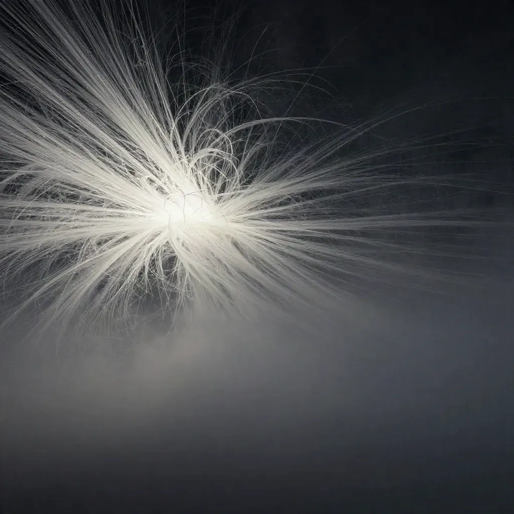 Silver filaments bloom in graphite haze, with open low-contrast space for copy.